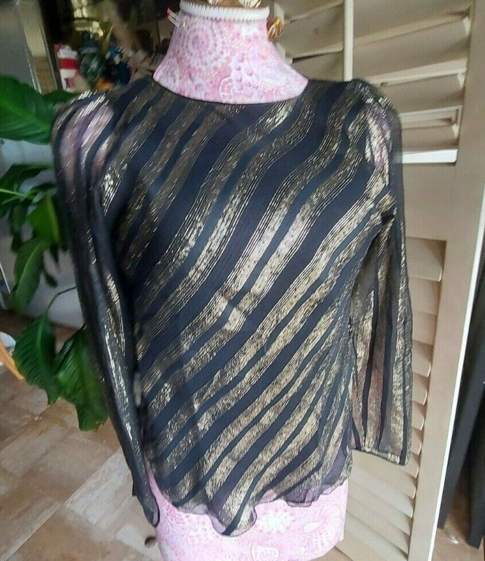 Vintage 70's Designer JULIO Gold Black Blouse Top 100% Silk runway sz 4